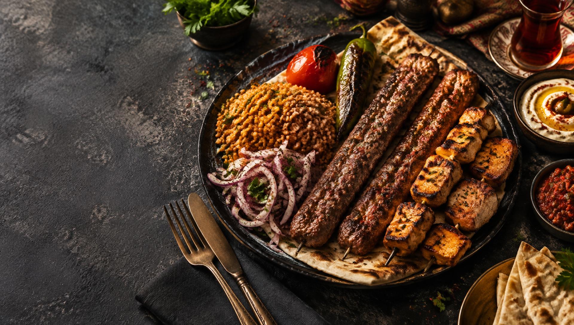 Platou de kebab, frigărui și garnituri turcești
